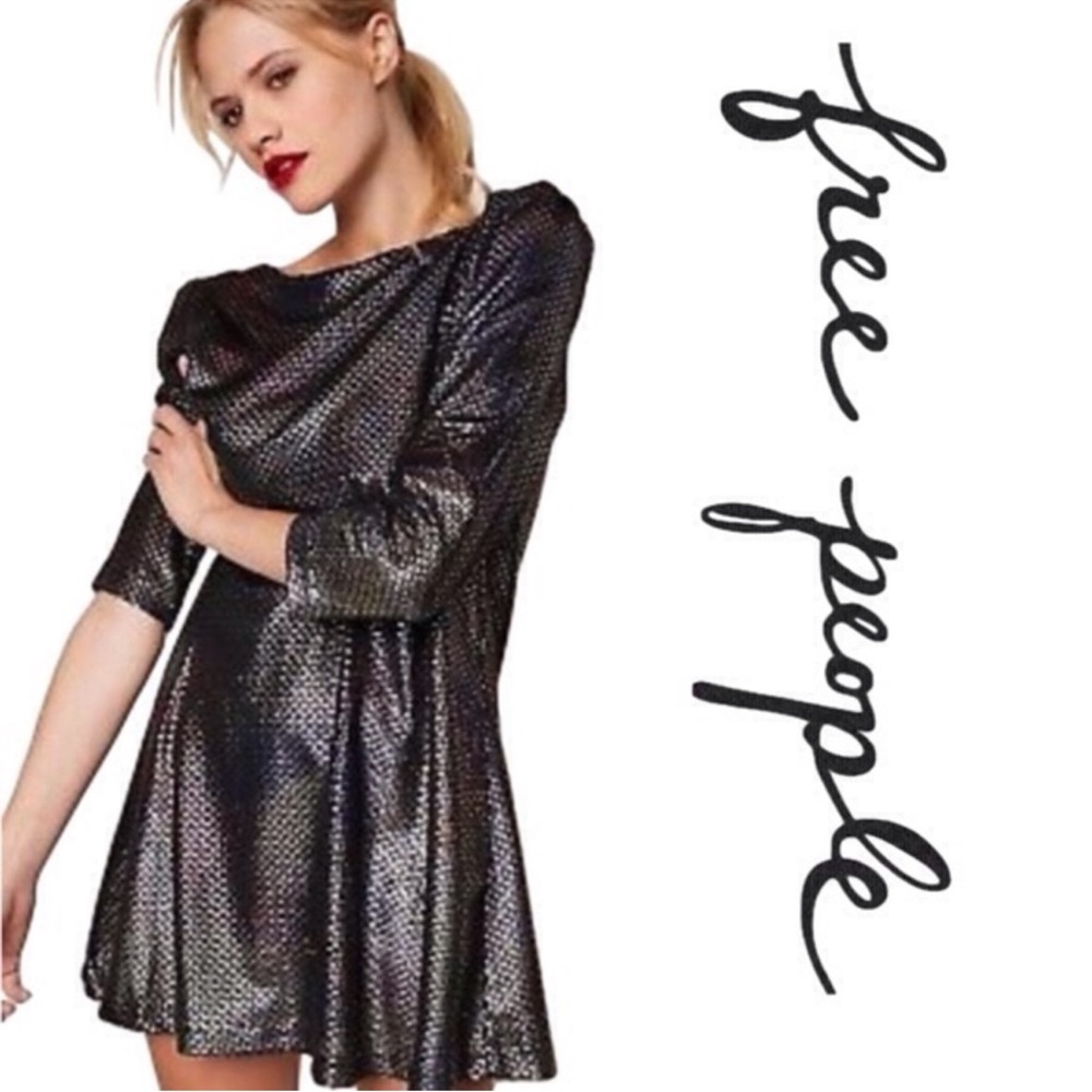 Free People Dismonds are Forever Shimmery Black and Silver Fit & Flare Dress